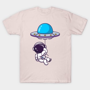 Cute Astronaut Floating With UFO Balloon Cartoon T-Shirt